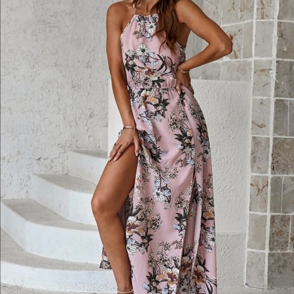 Floral Split Thigh Halter Dress